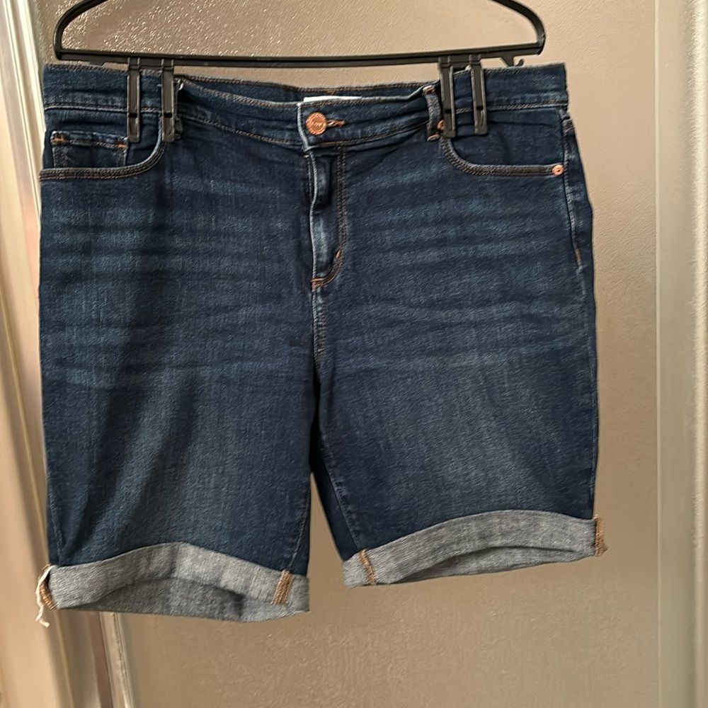 Loft Curvy Frayed Hem Shorts, Medium Wash, Sz 14
